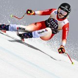 Noémie Kolly lors d'une descente à Crans-Montana en février 2024 KEYSTONE/JEAN-CHRISTOPHE BOTT